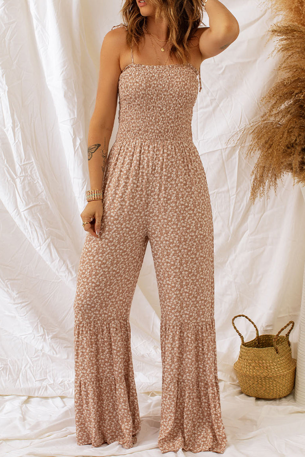 Floral Spaghetti Strap Smocked Wide Leg Jumpsuit  Jumpsuits & Rompers- Doll Fits