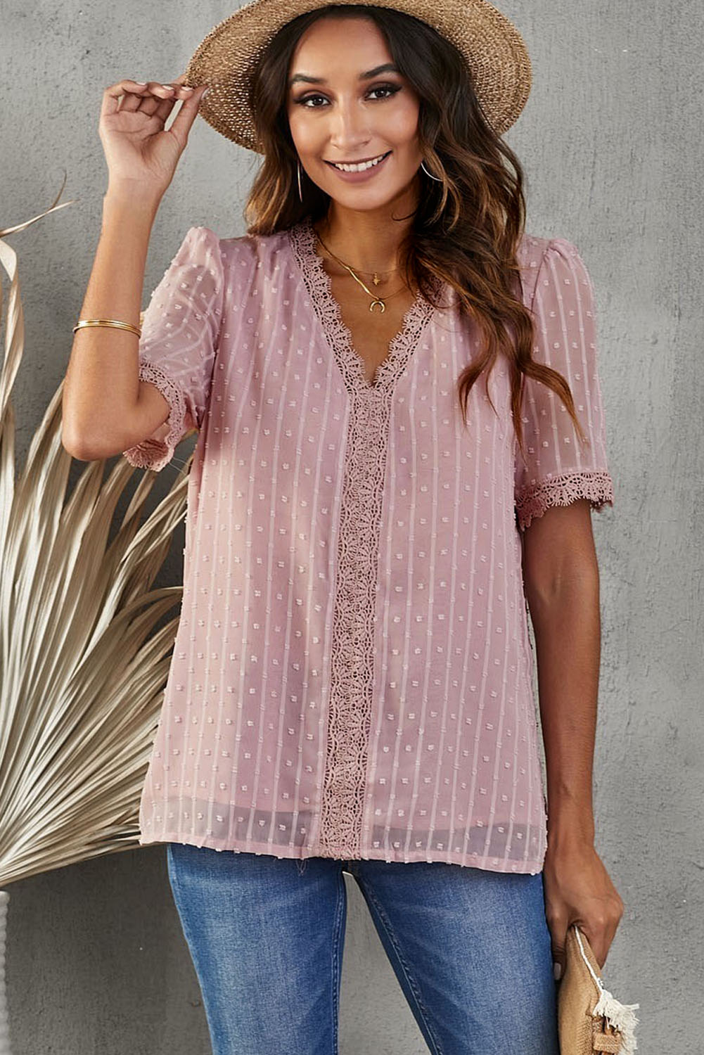 Swiss Dot Lace Trim Plunge Blouse  Shirts & Tops- Doll Fits