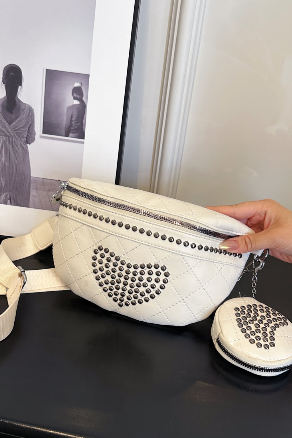 Studded PU Leather Sling Bag with Small Purse  - Doll Fits