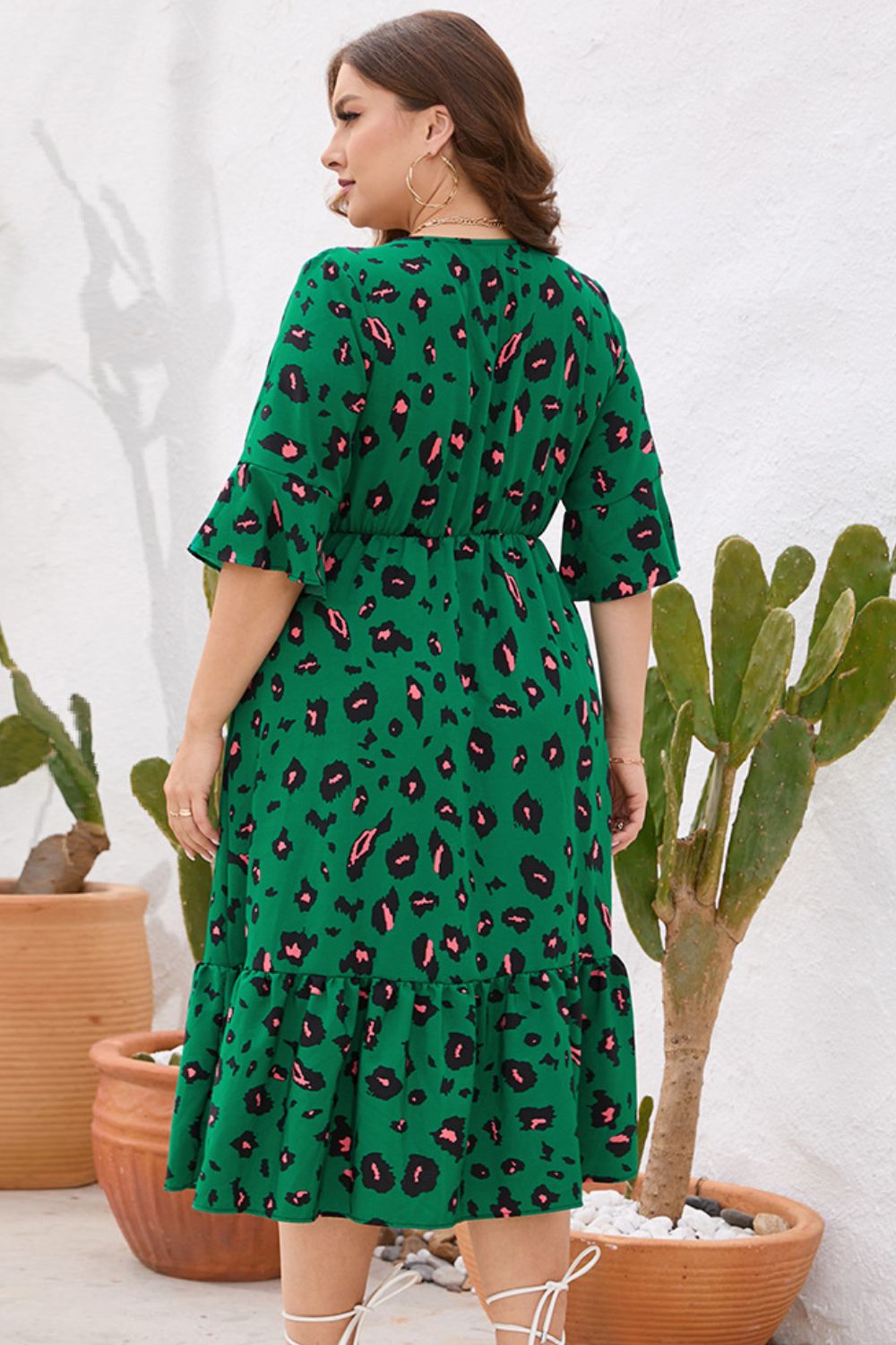 Plus Size Printed Flare Sleeve V-Neck Dress  Dresses- Doll Fits