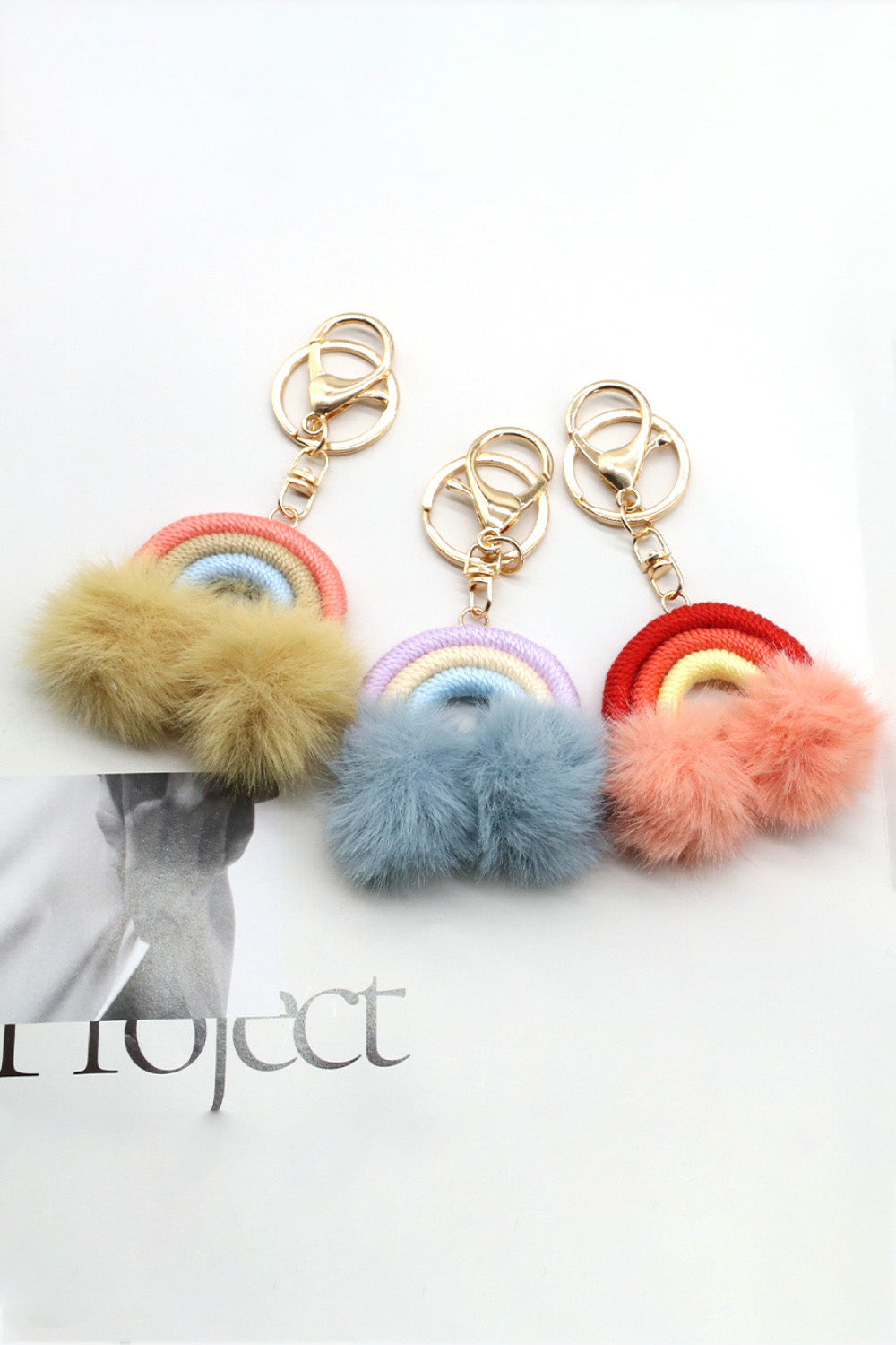 Assorted 4-Pack Rainbow Pom Pom Keychain  Keychains- Doll Fits