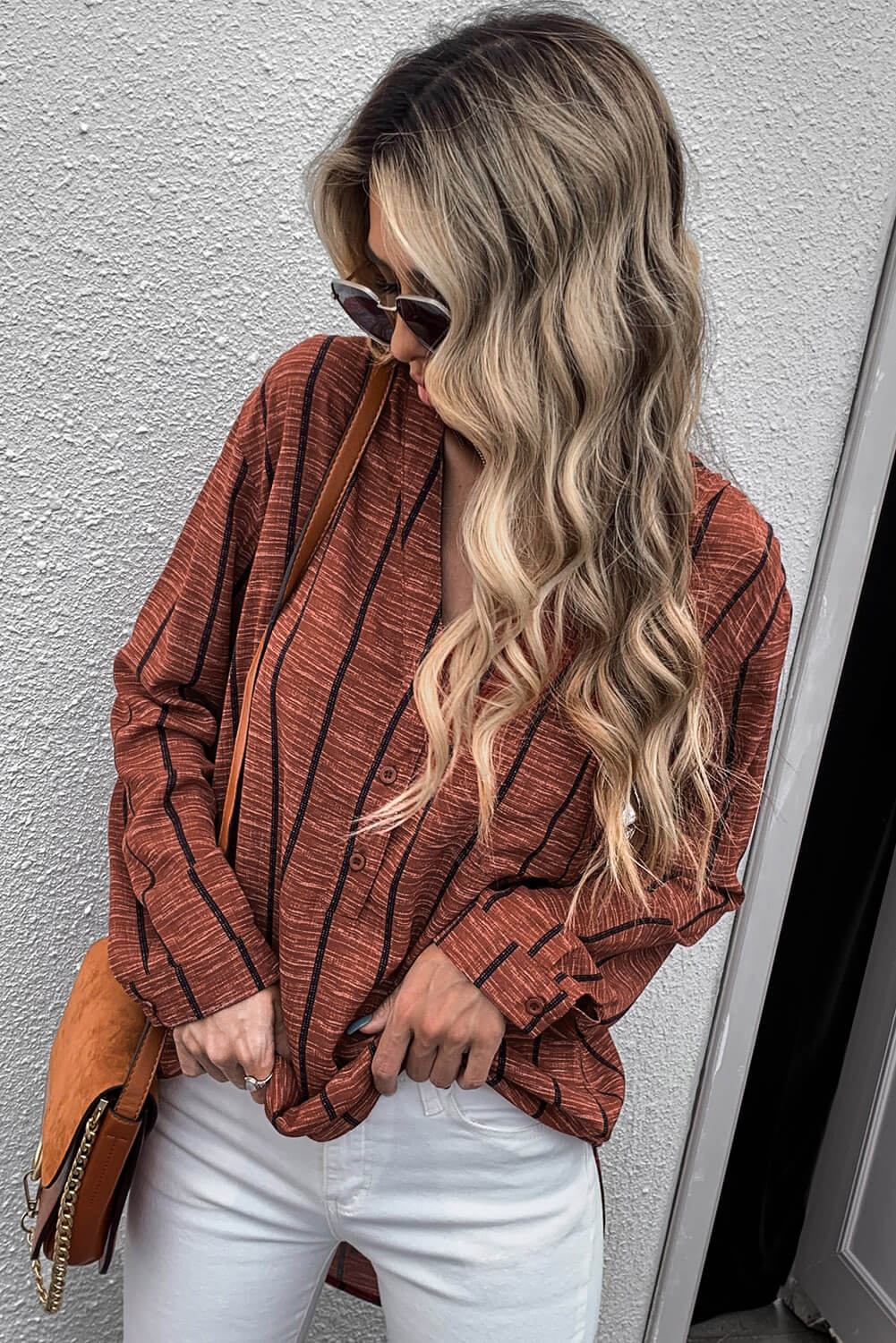 Striped V-Neck High-Low Shirt with Breast Pocket  Shirts & Tops- Doll Fits