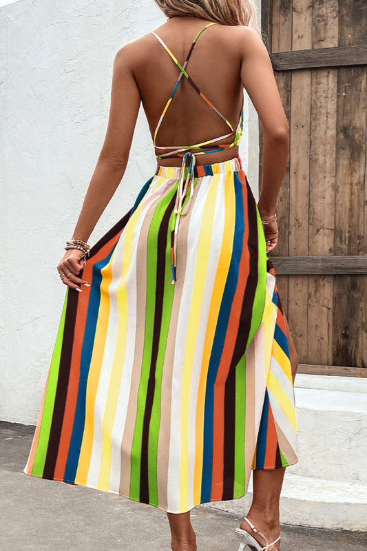 Multicolored Stripe Crisscross Backless Dress  Dresses- Doll Fits
