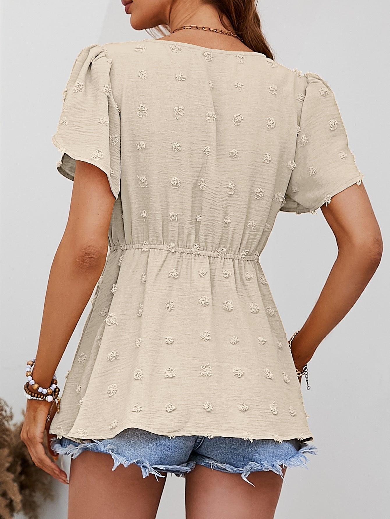 Swiss Dot Buttoned Petal Sleeve Peplum Blouse  Shirts & Tops- Doll Fits