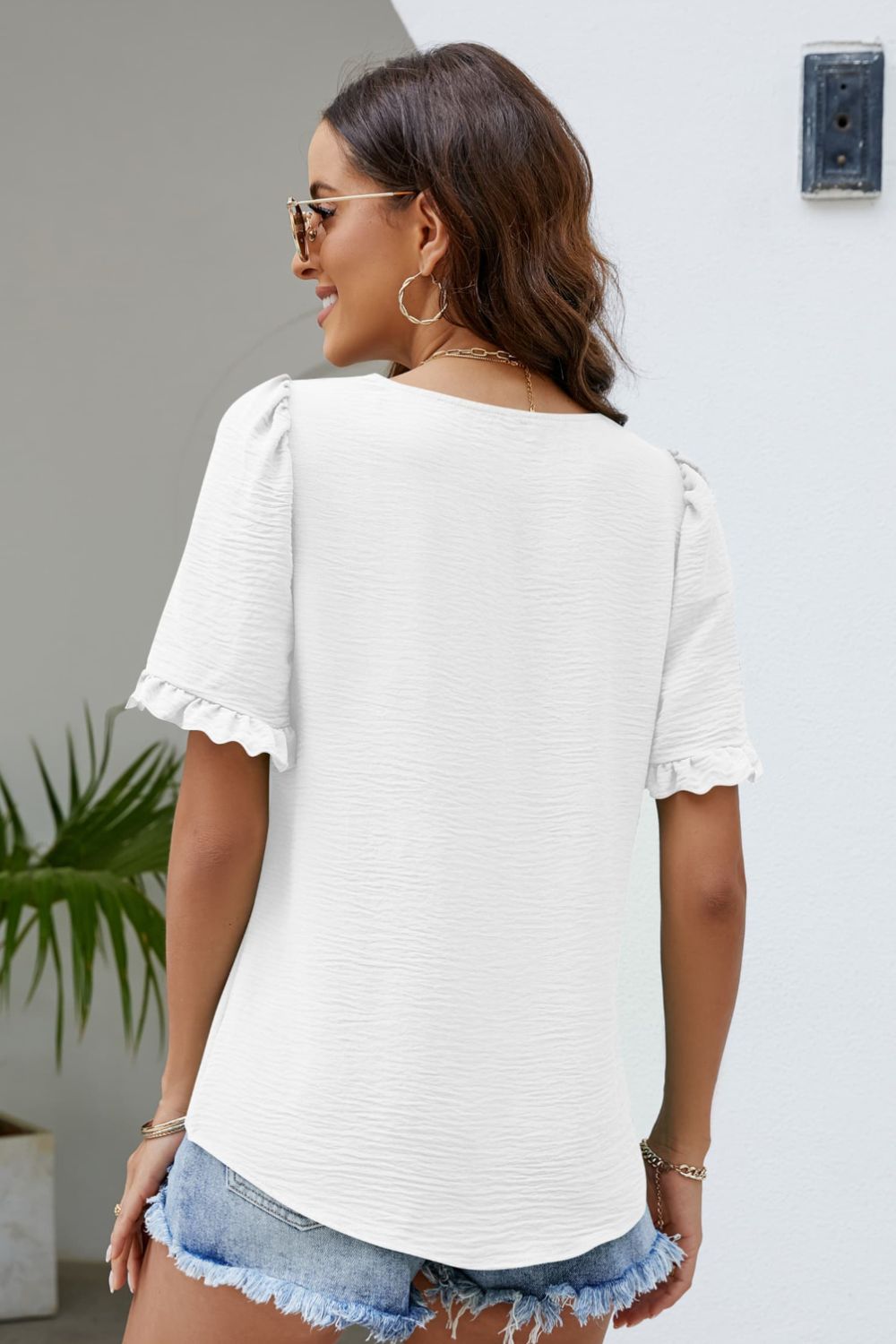 Frill Trim Puff Sleeve Square Neck Blouse  Shirts & Tops- Doll Fits