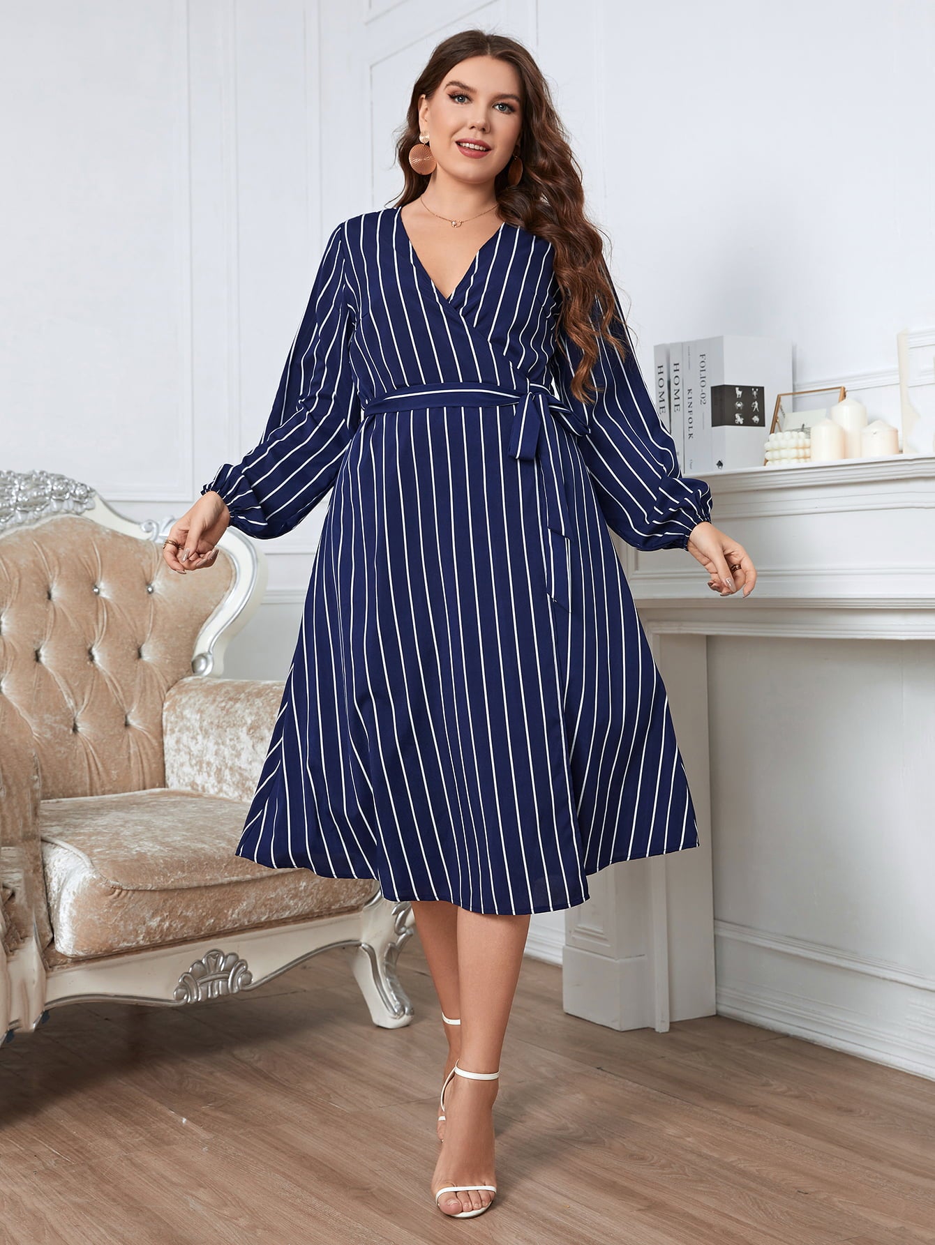 Melo Apparel Plus Size Striped Surplice Neck Long Sleeve Dress  Dresses- Doll Fits