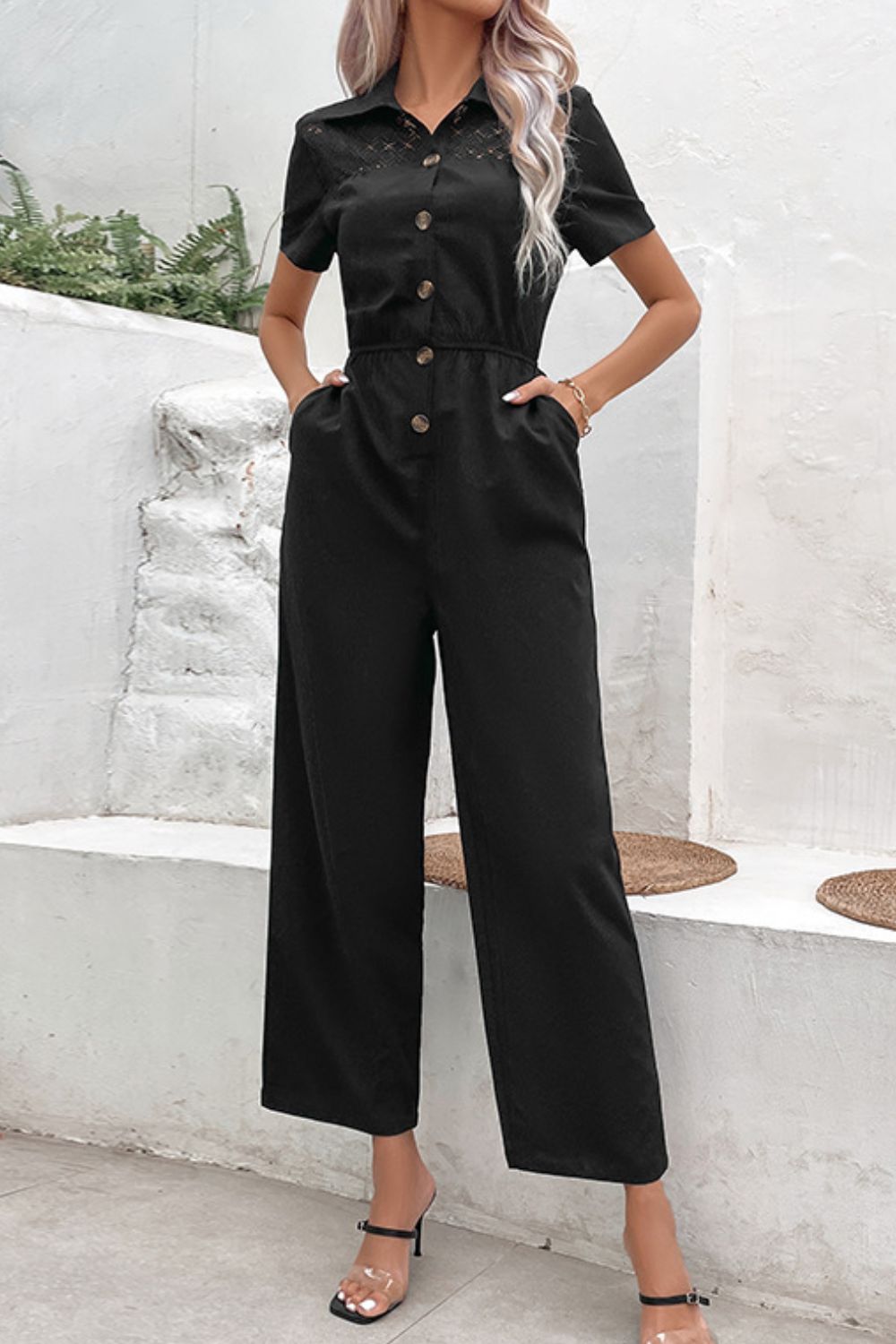 Collared Neck Short Sleeve Jumpsuit  Jumpsuits & Rompers- Doll Fits