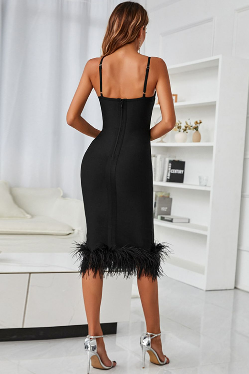 Spaghetti Strap Feather Trim Bodycon Dress  Dresses- Doll Fits