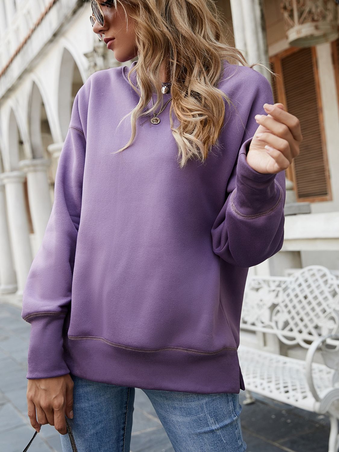 Dropped Shoulder Slit Sweatshirt  - Doll Fits