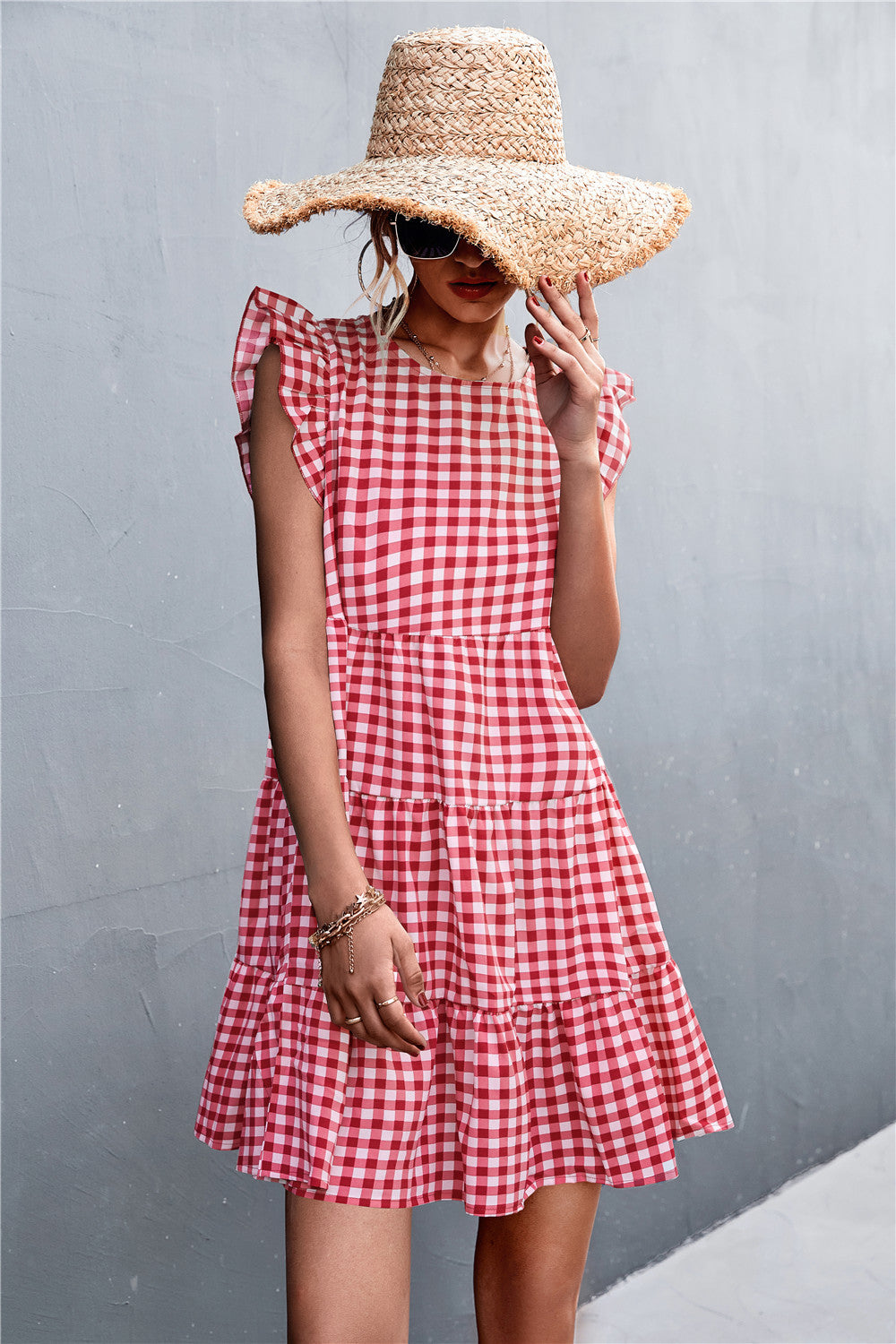 Gingham Ruffle Shoulder Tiered Dress  Dresses- Doll Fits