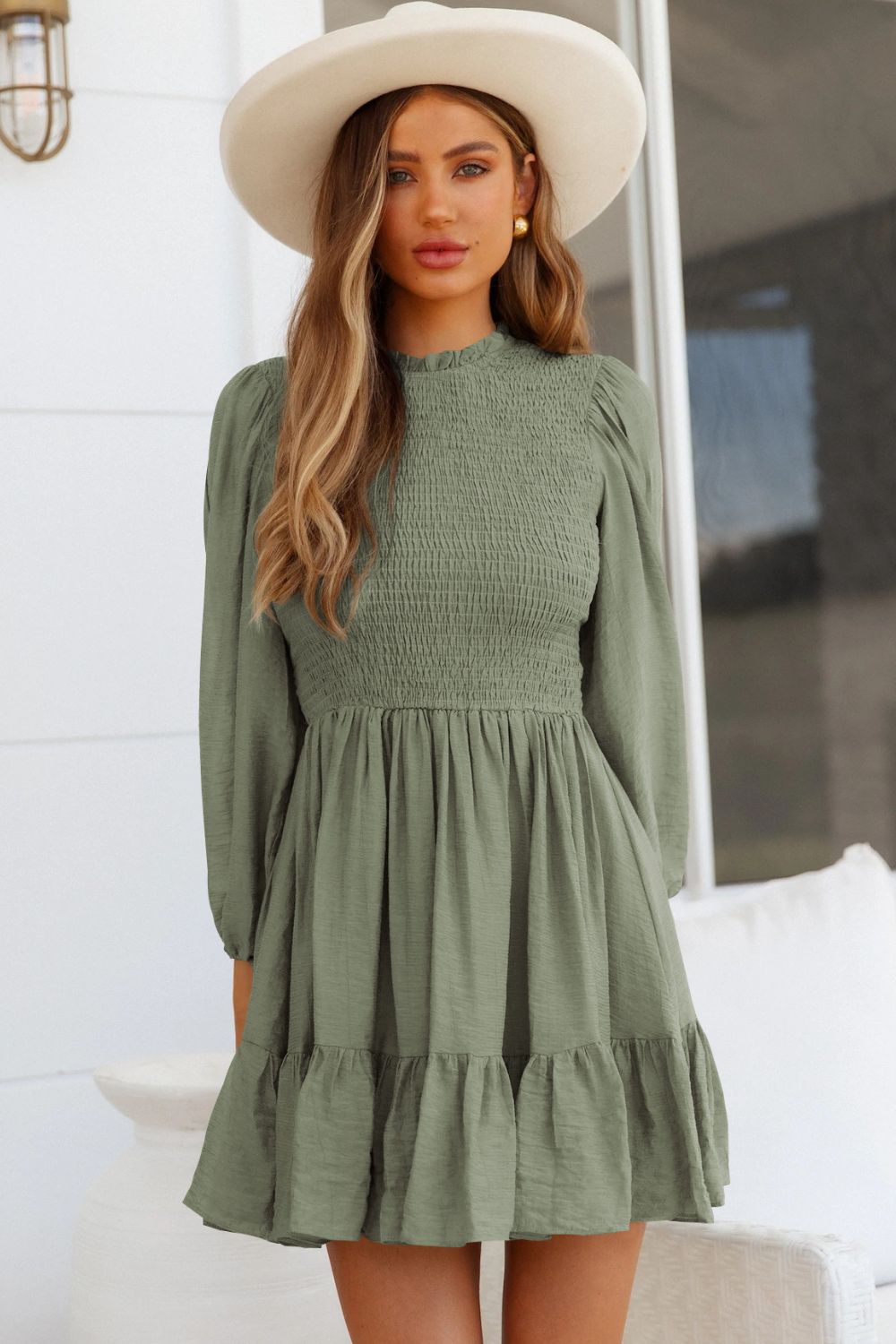 Smocked Balloon Sleeve Ruffle Hem Dress  Dresses- Doll Fits