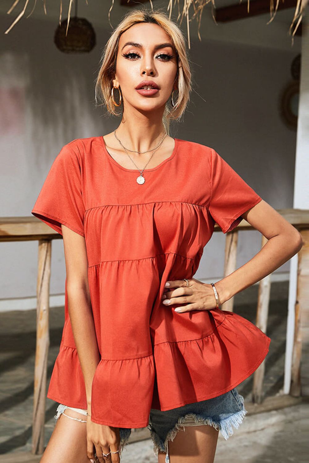 Round Neck Short Sleeve Tiered Blouse  Shirts & Tops- Doll Fits