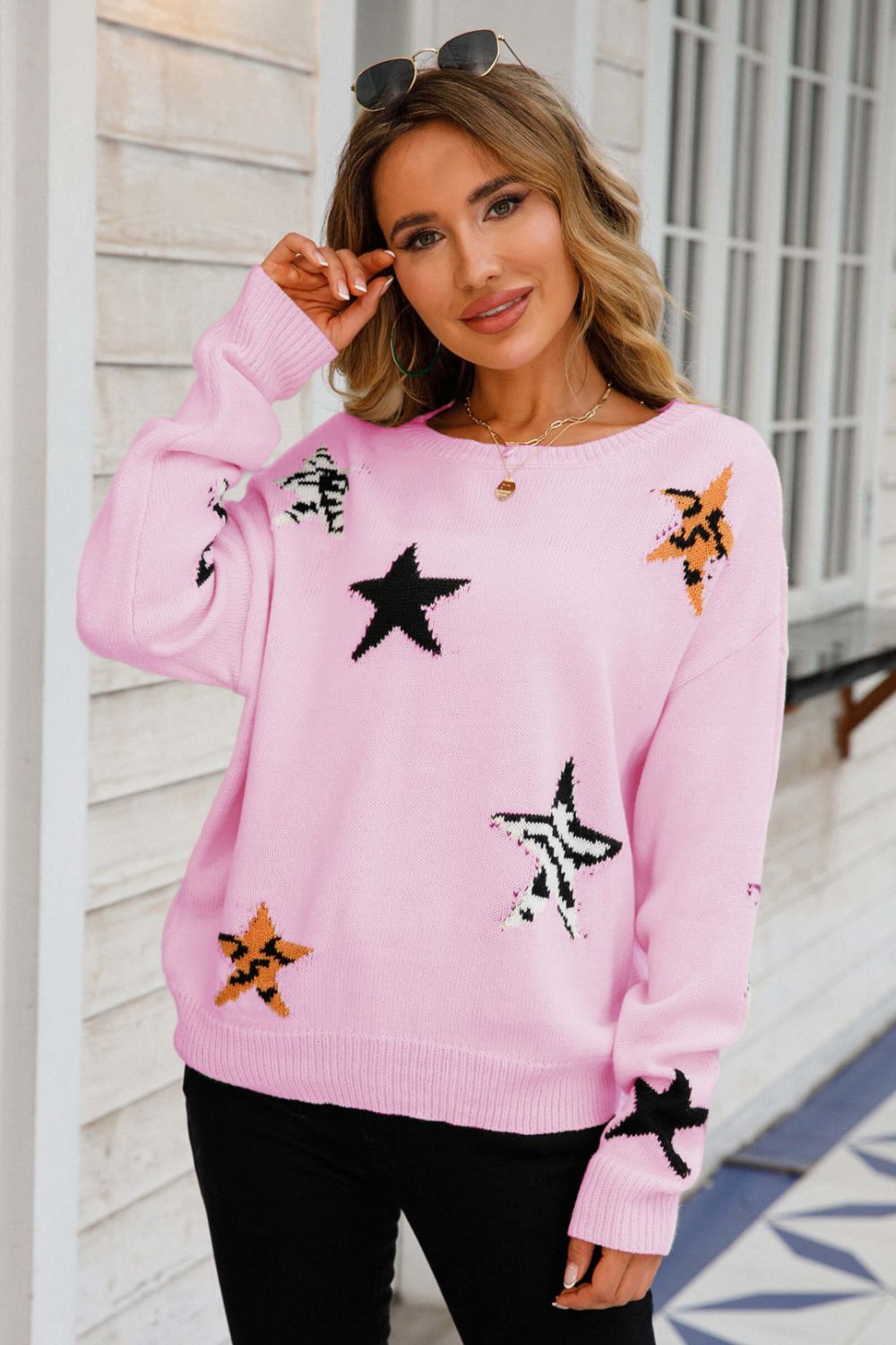 Star Pattern Round Neck Dropped Shoulder Sweater  Shirts & Tops- Doll Fits