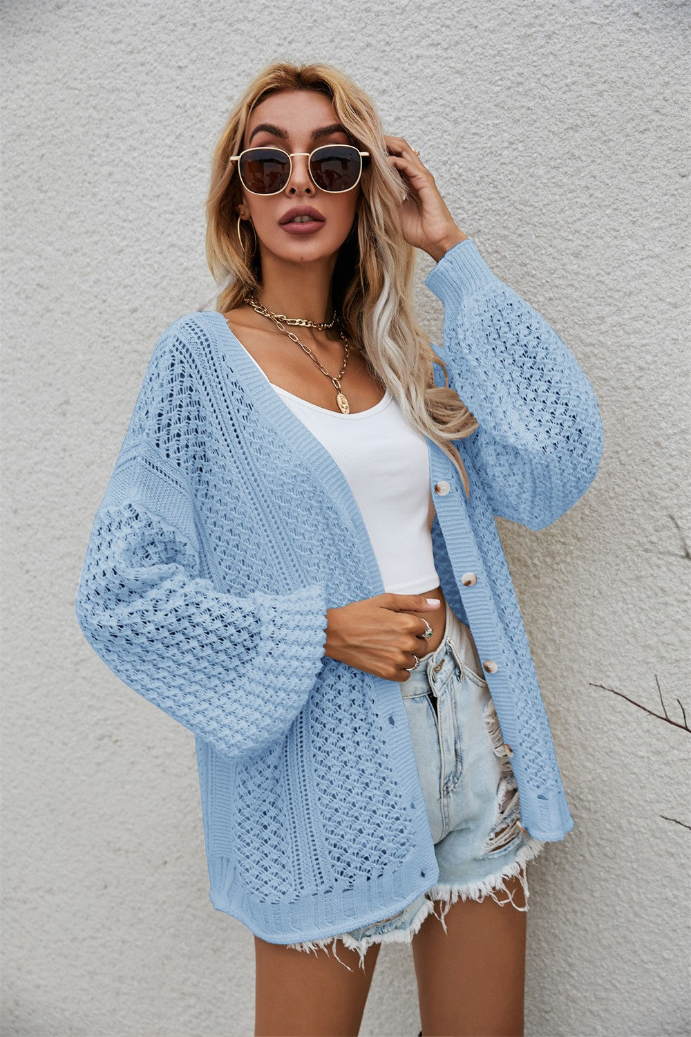 Openwork V-Neck Dropped Shoulder Cardigan  Coats & Jackets- Doll Fits