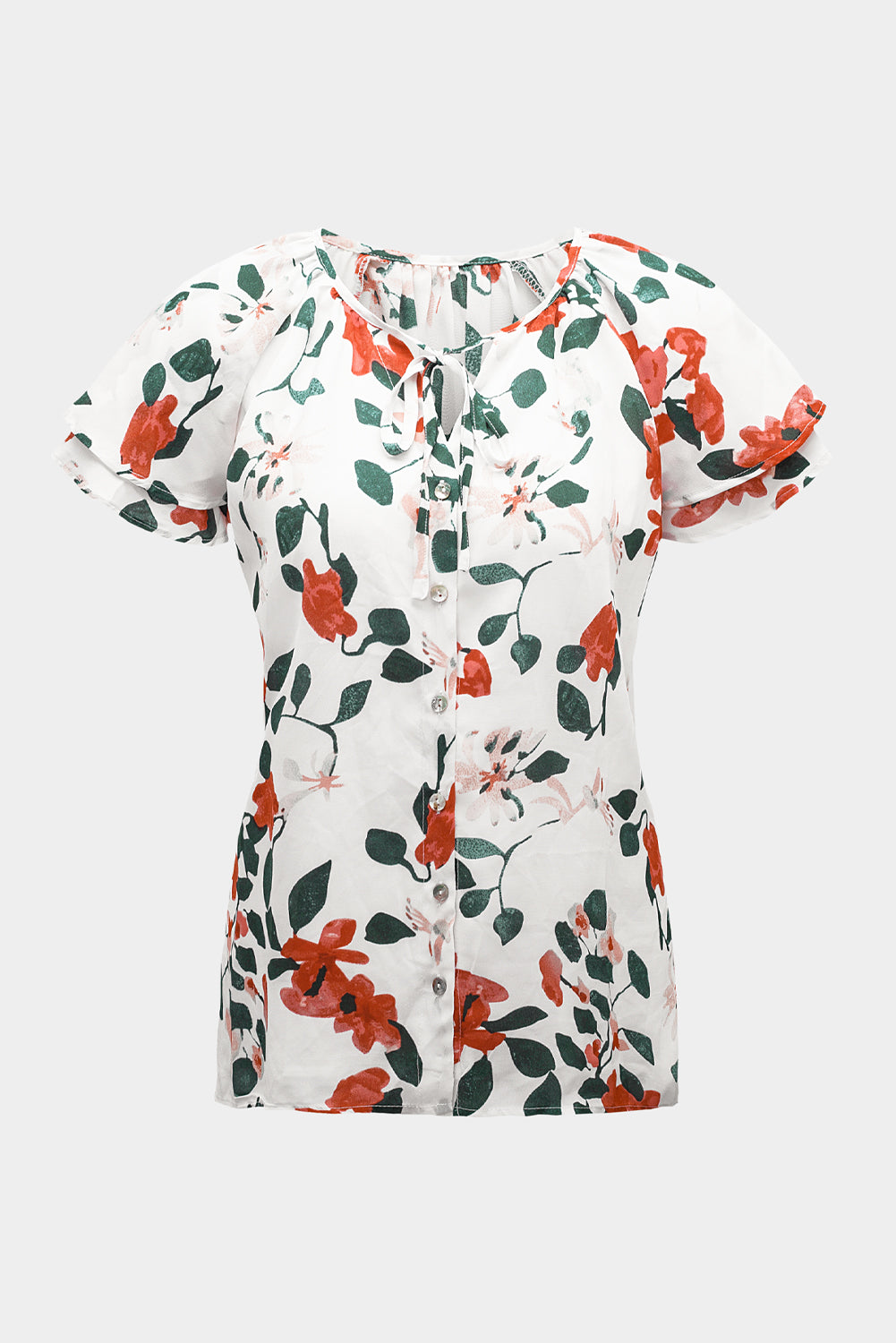 Floral Tie Neck Short Sleeve Shirt  Shirts & Tops- Doll Fits