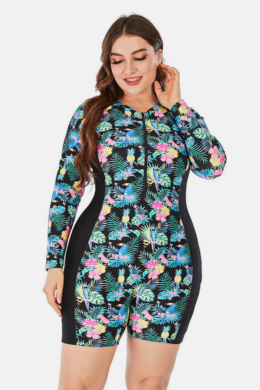 Plus Size Floral Long Sleeve One-Piece Swimsuit  Swimwear- Doll Fits