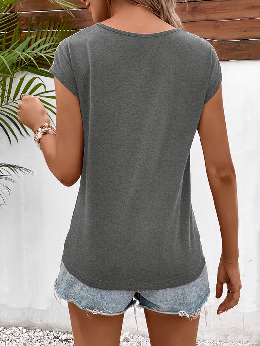 Spliced Lace V-Neck Twisted Hem Tee  Shirts & Tops- Doll Fits