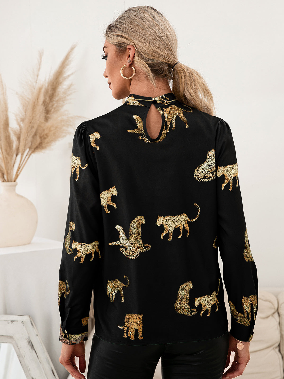 Leopard Graphic Mock Neck Puff Sleeve Blouse  Shirts & Tops- Doll Fits
