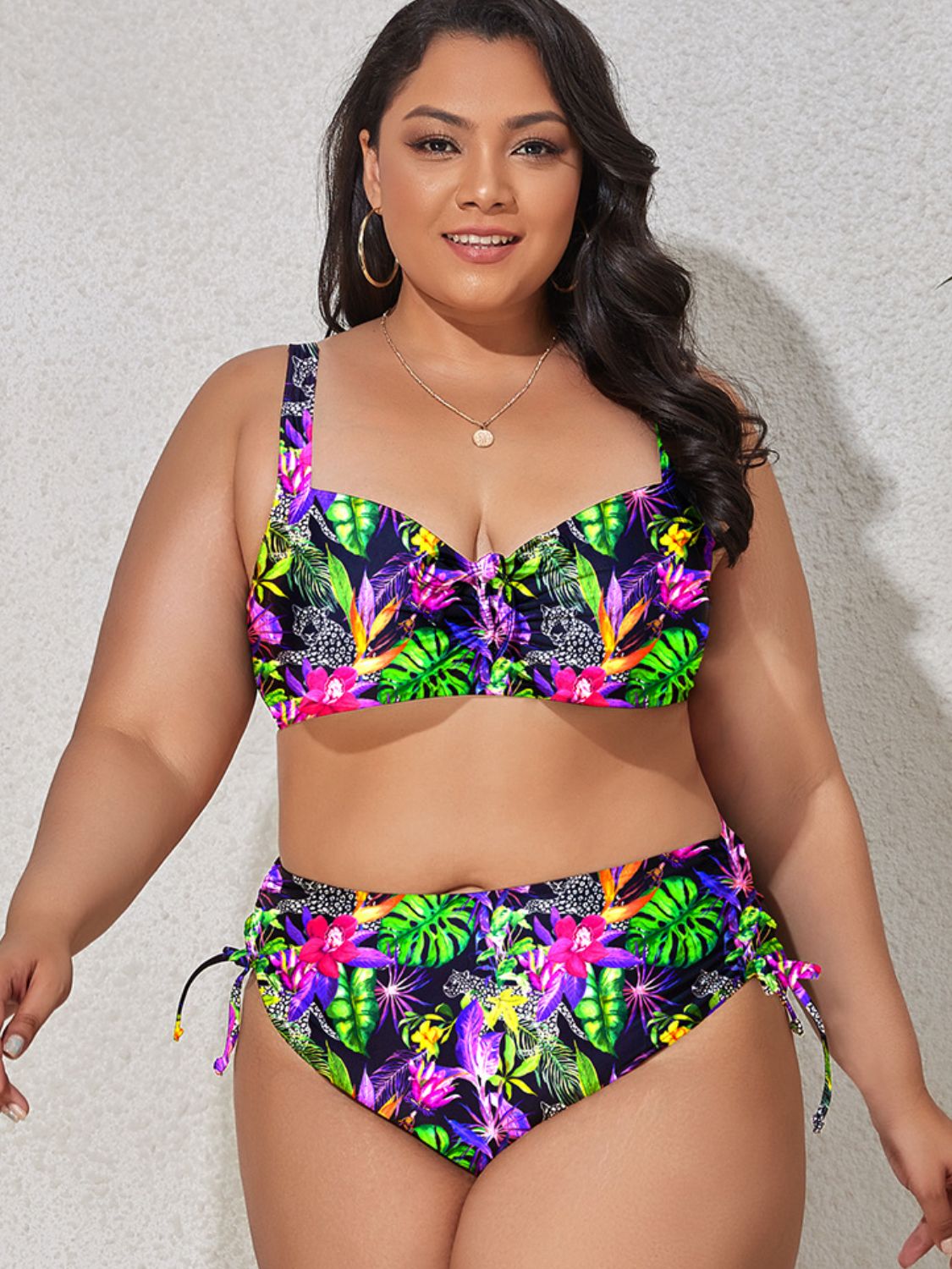 Plus Size Printed Drawstring Detail Bikini Set  Swimwear- Doll Fits