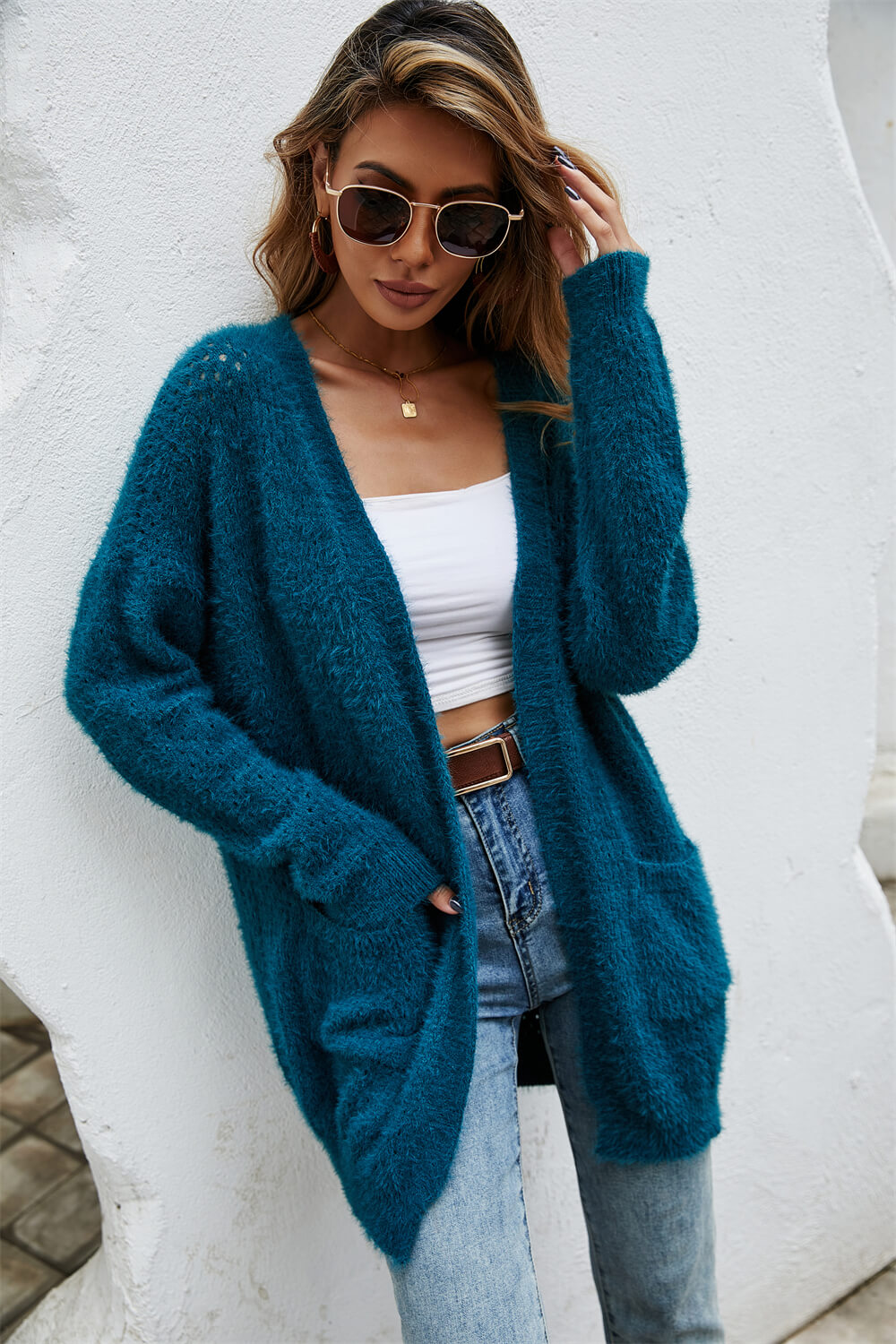Open Front Openwork Fuzzy Cardigan with Pockets  Coats & Jackets- Doll Fits