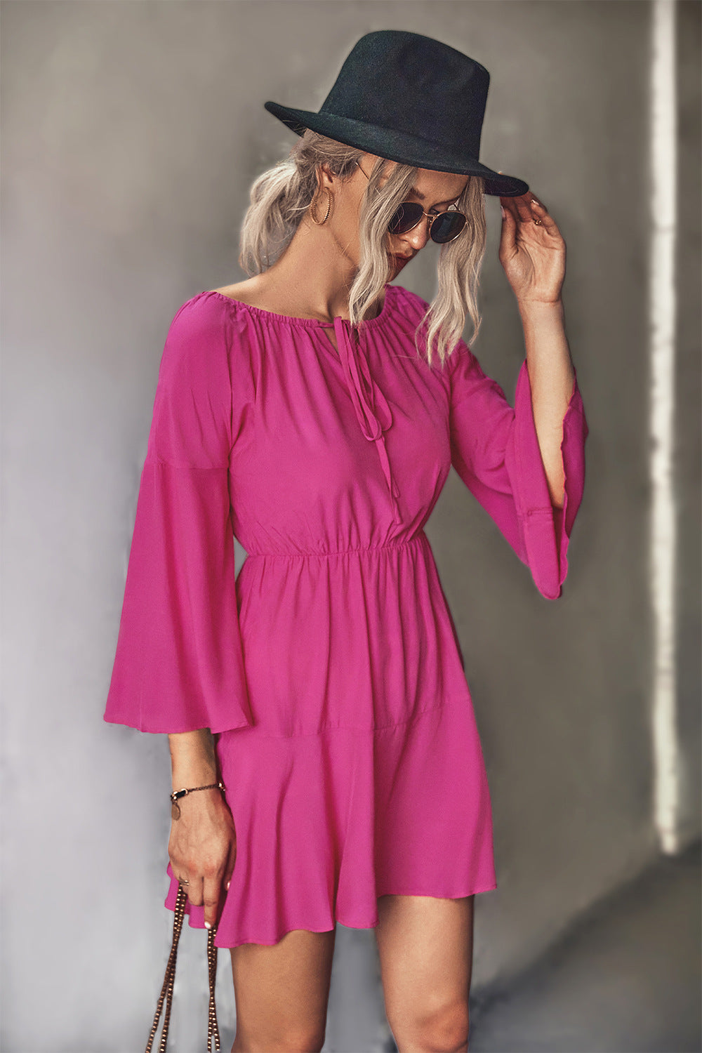 Tie Neck Flare Sleeve Mini Dress  Dresses- Doll Fits