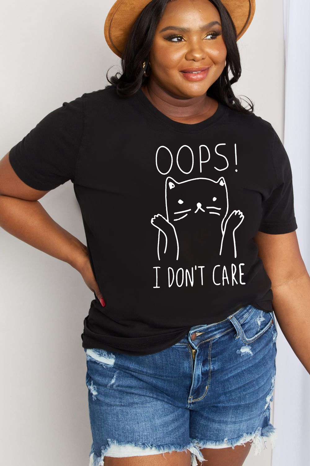 Simply Love Full Size OOPS I DON’T CARE Graphic Cotton Tee  Shirts & Tops- Doll Fits