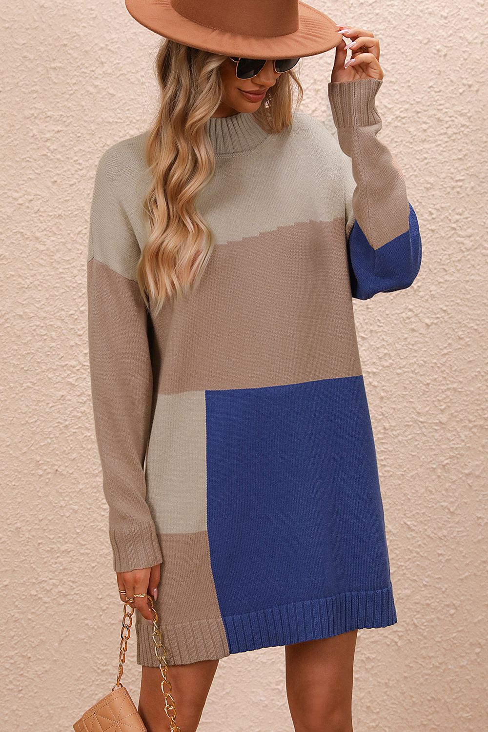 Color Block Mock Neck Dropped Shoulder Sweater Dress  Dresses- Doll Fits