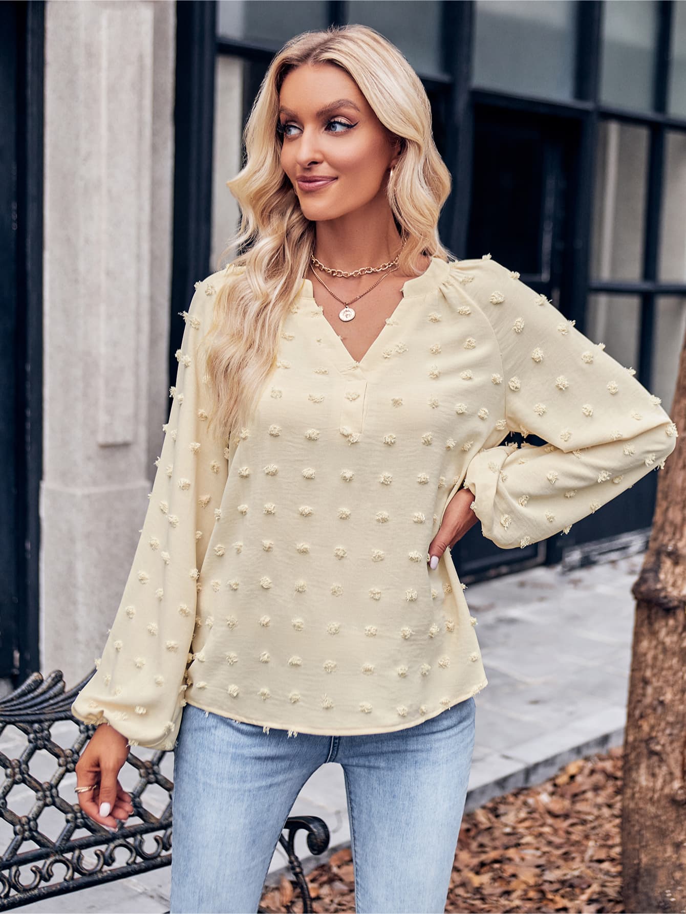 Swiss Dot Notched Neck Long Sleeve Blouse  - Doll Fits