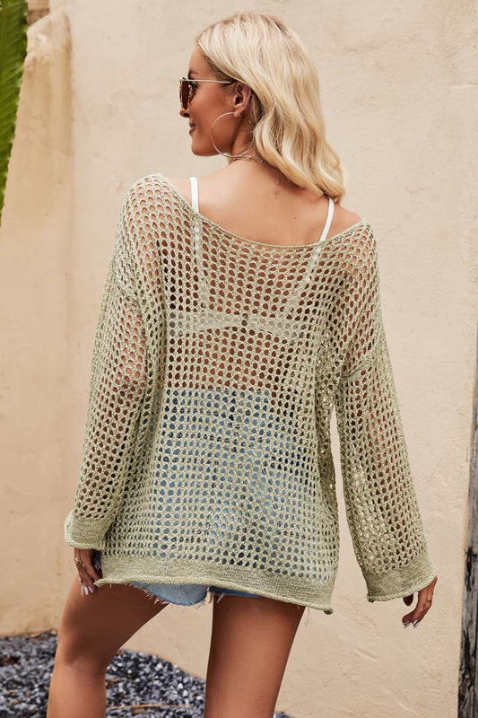 Openwork Round Neck Long Sleeve Cover Up  Swimwear- Doll Fits
