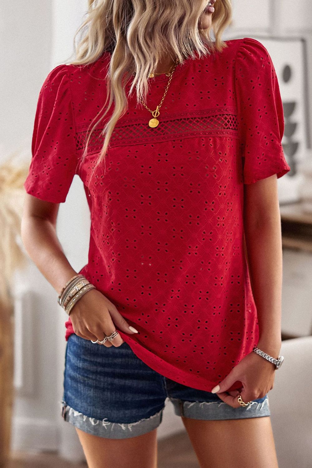 Spliced Lace Short Puff Sleeve Top  Shirts & Tops- Doll Fits