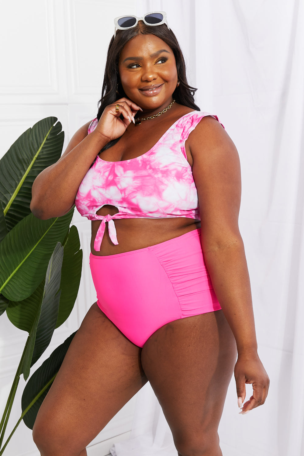 Marina West Swim Sanibel Crop Swim Top and Ruched Bottoms Set in Pink  Swimwear- Doll Fits
