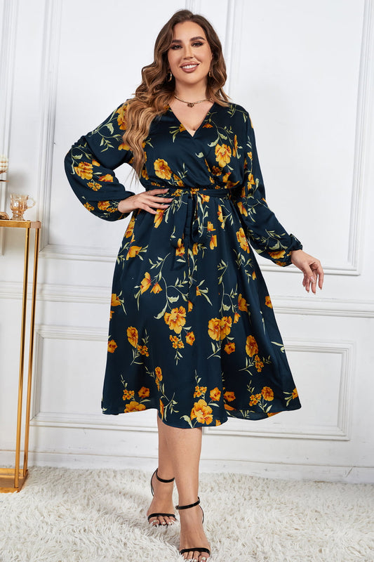Melo Apparel Plus Size Floral Print Surplice Neck Midi Dress  Dresses- Doll Fits