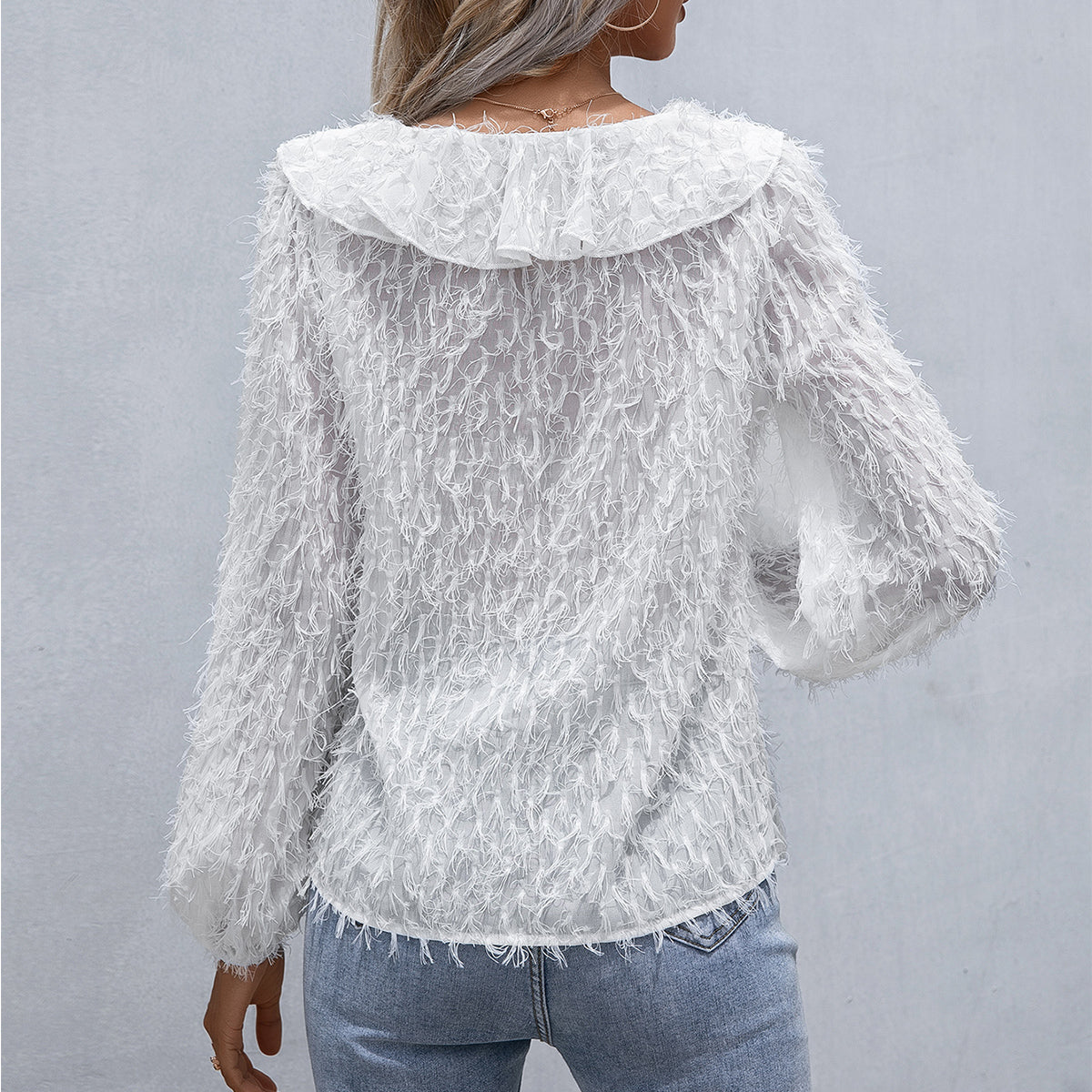 Double Take Ruffle Hem Fringe V-Neck Balloon Sleeve Blouse  - Doll Fits