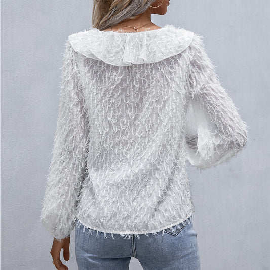 Double Take Ruffle Hem Fringe V-Neck Balloon Sleeve Blouse  - Doll Fits