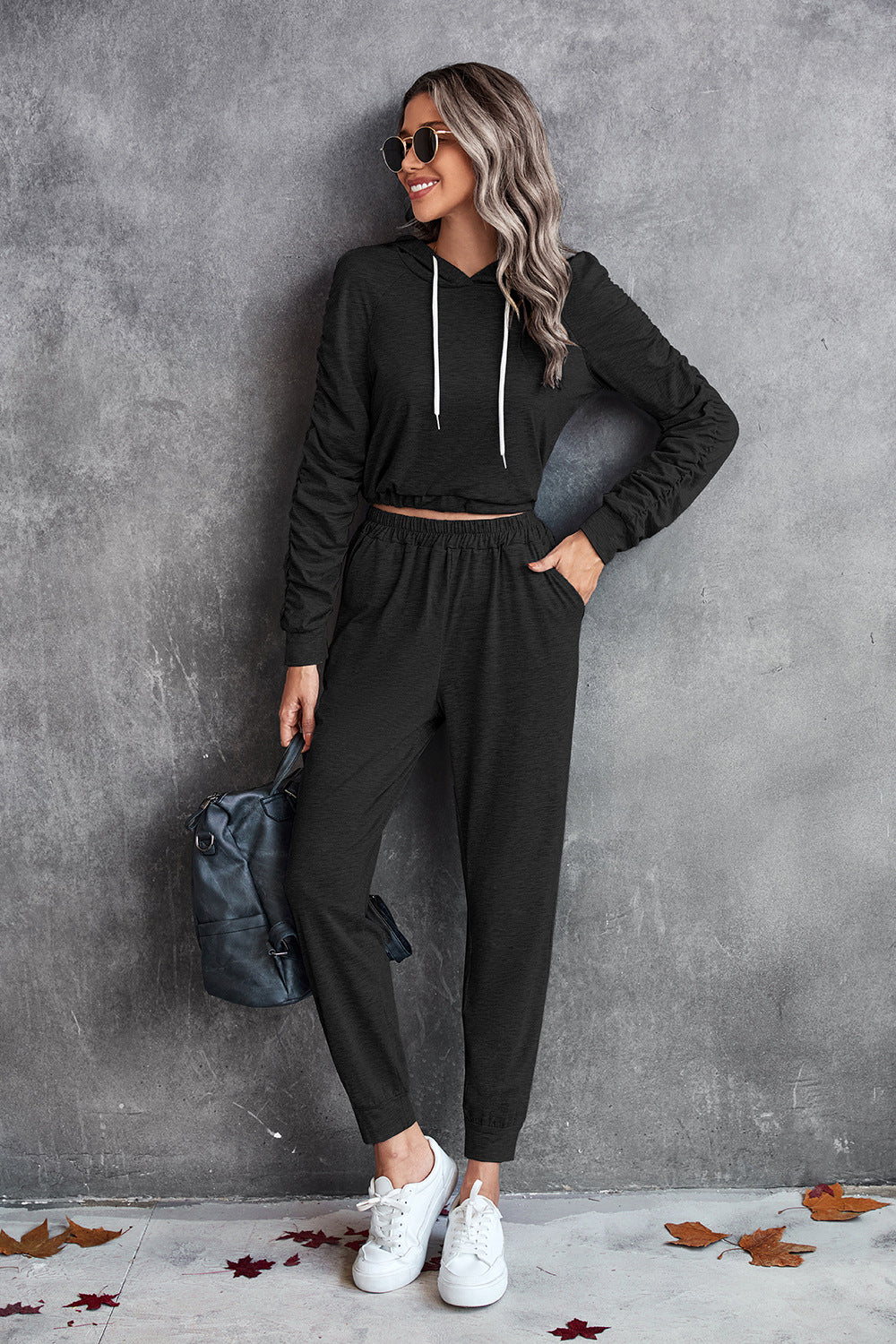 Ruched Raglan Sleeve Hoodie and Joggers Set  Outfit Sets- Doll Fits