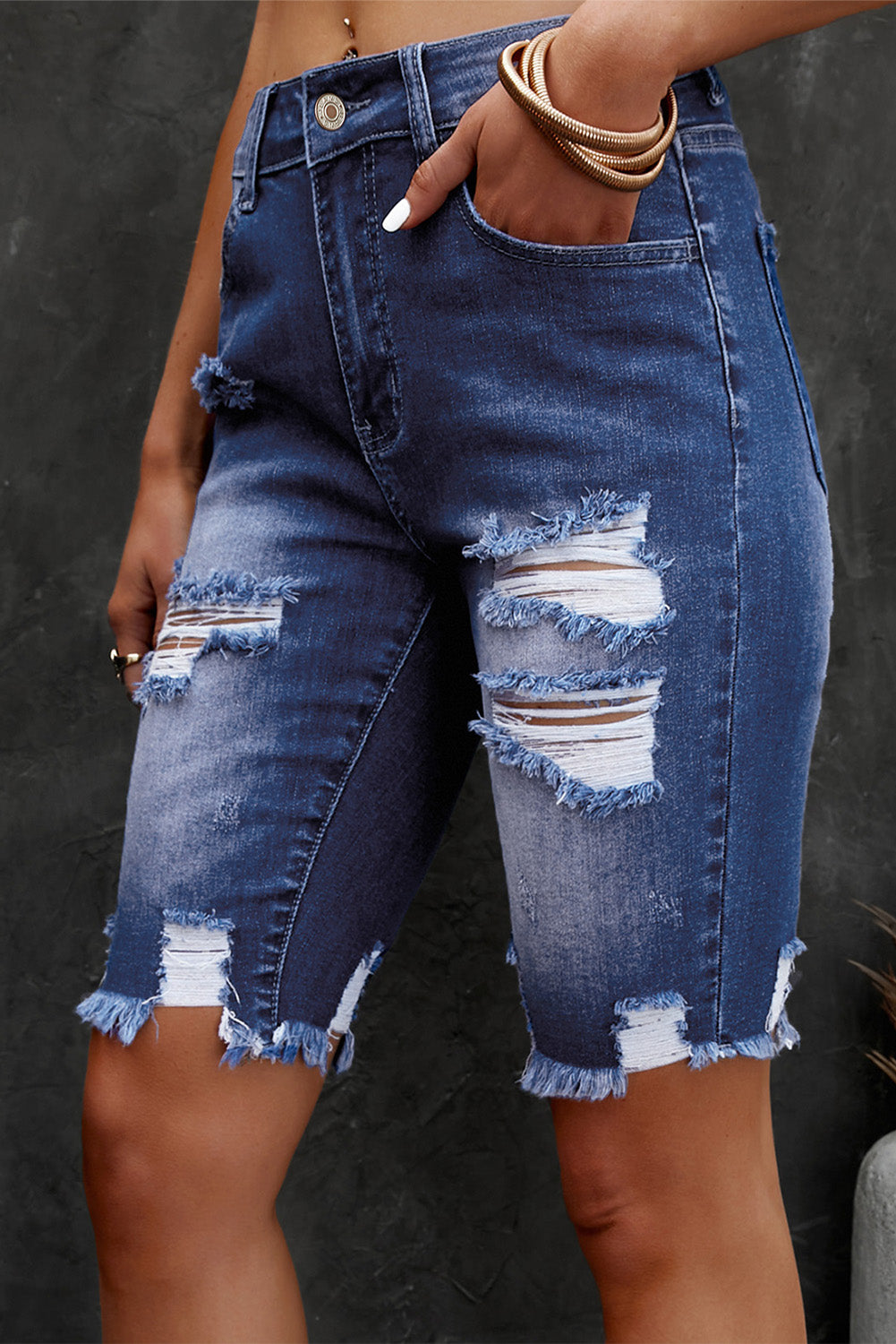 Distressed Frayed Hem Denim Bermuda Shorts  - Doll Fits