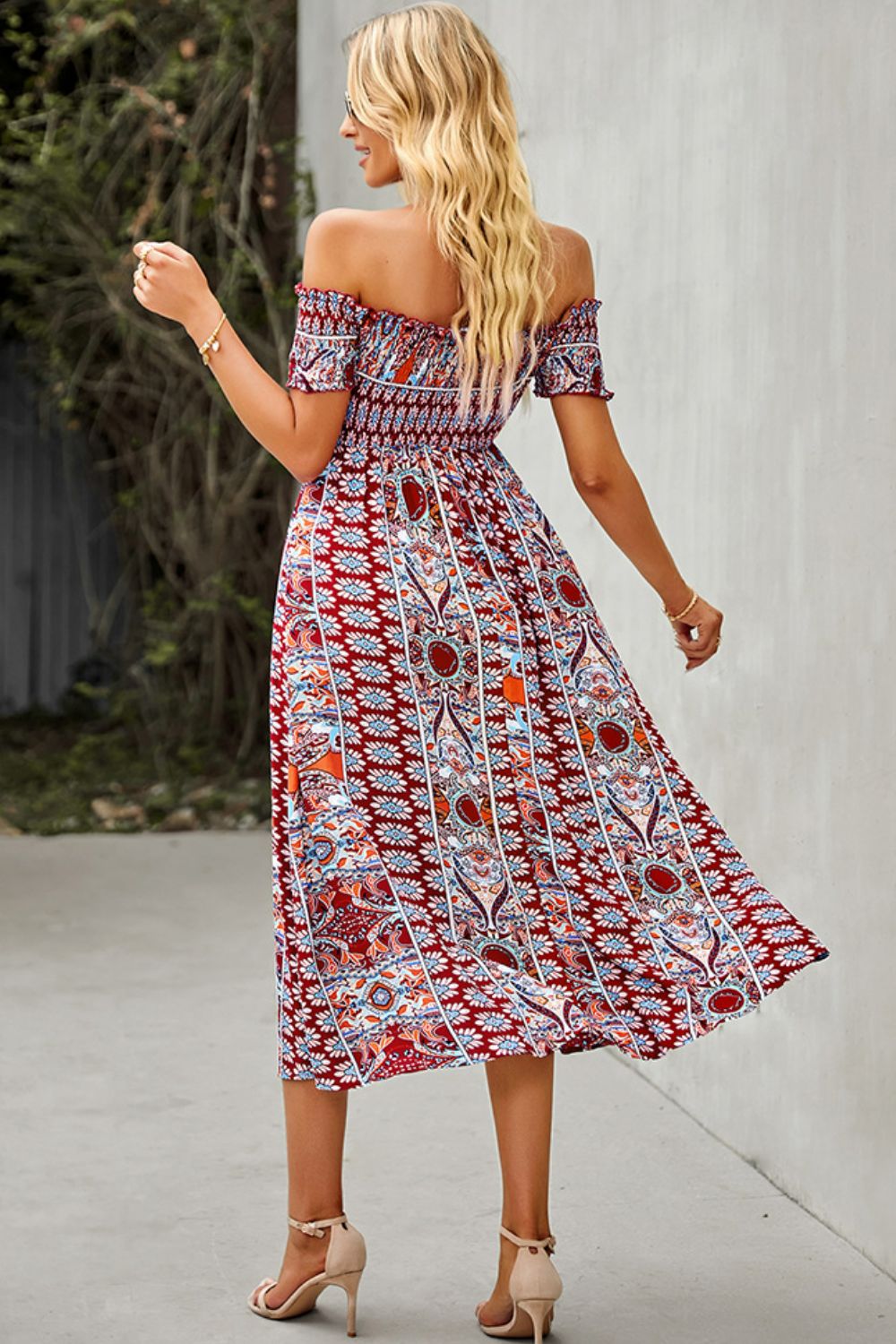 Bohemian Off-Shoulder Frill Trim Split Dress  Dresses- Doll Fits