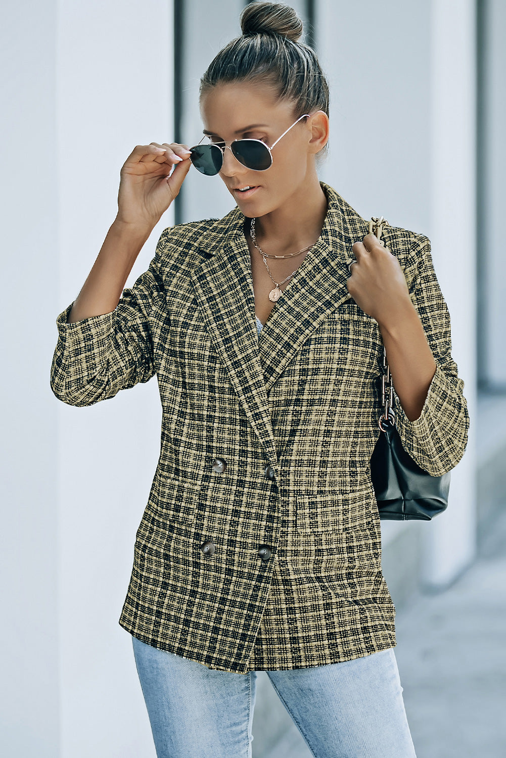 Plaid Double-Breasted Long Sleeve Blazer  Coats & Jackets- Doll Fits