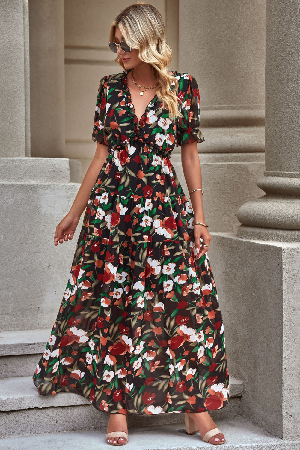 Floral V-Neck Short Flounce Sleeve Dress  Dresses- Doll Fits