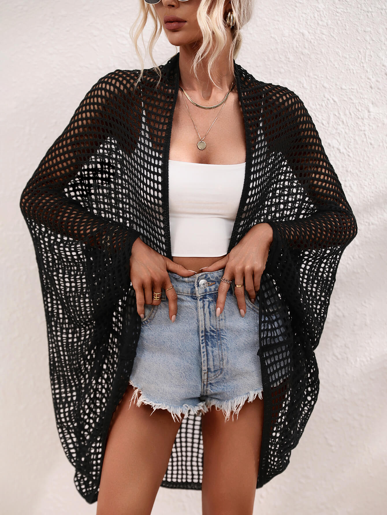 Openwork Open Front Longline Cover Up  Swimwear- Doll Fits