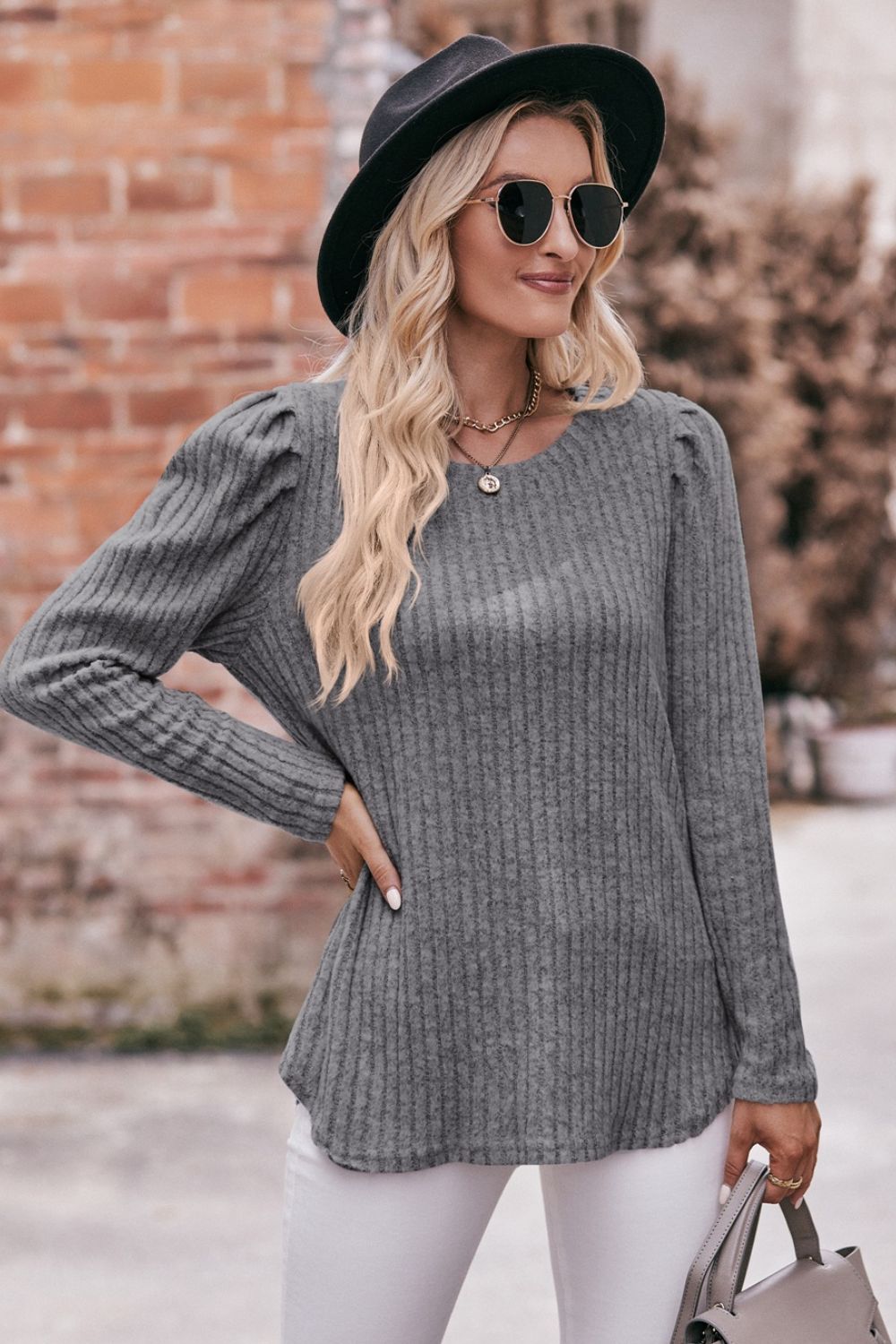 Round Neck Puff Sleeve Ribbed Top  Shirts & Tops- Doll Fits