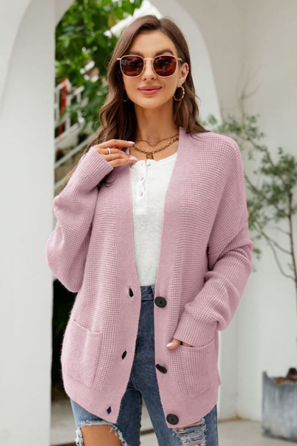 Waffle-Knit Dropped Shoulder Cardigan  - Doll Fits