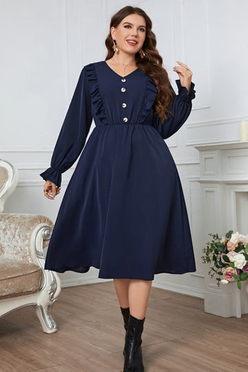 Melo Apparel Plus Size V-Neck Buttoned Flounce Sleeve Dress  Dresses- Doll Fits
