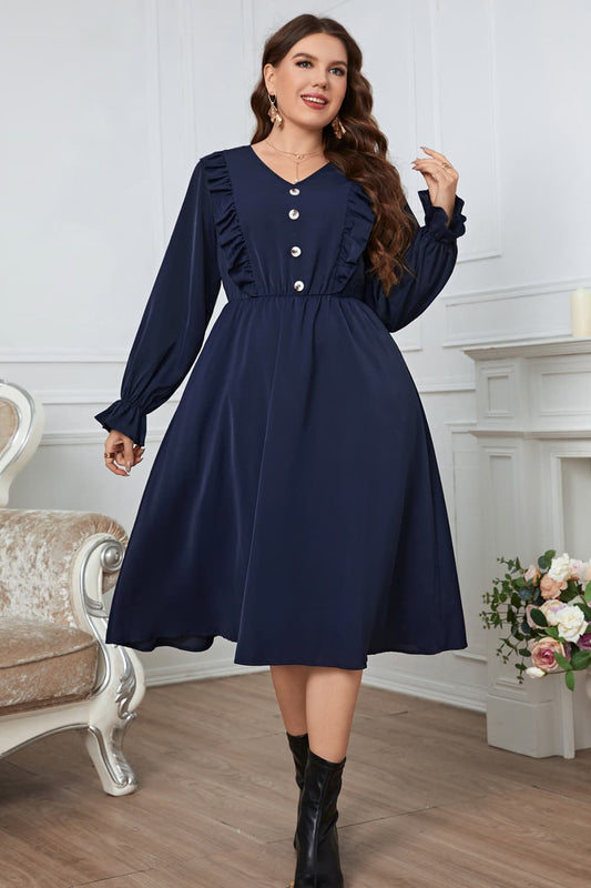 Melo Apparel Plus Size V-Neck Buttoned Flounce Sleeve Dress  Dresses- Doll Fits