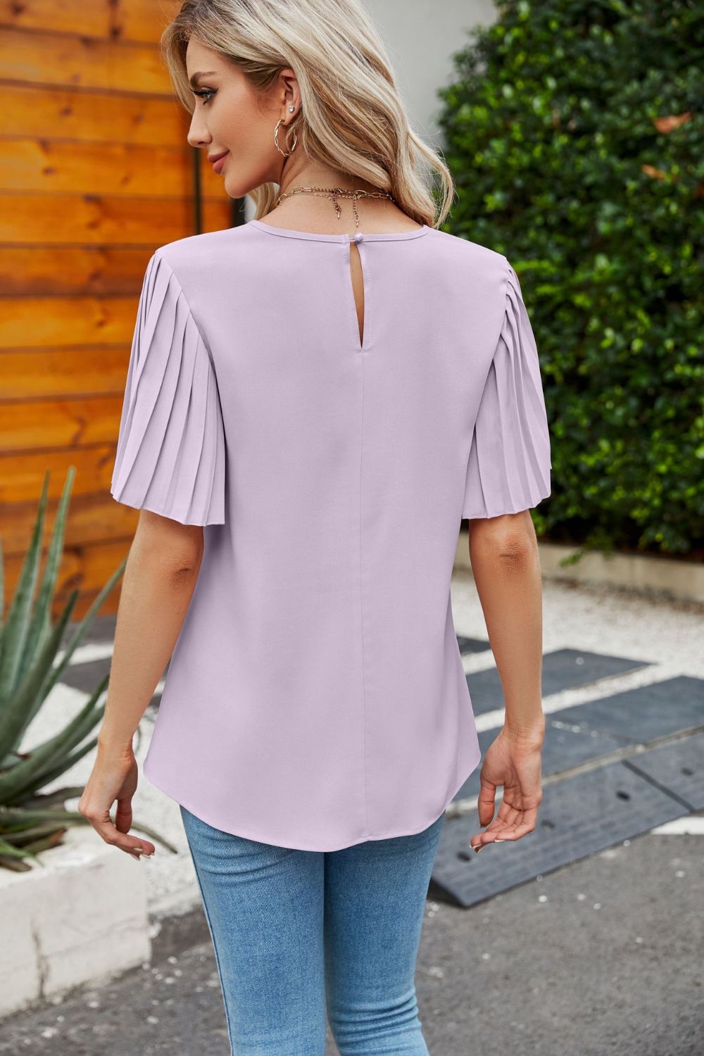 Pleated Flutter Sleeve Round Neck Blouse  Shirts & Tops- Doll Fits