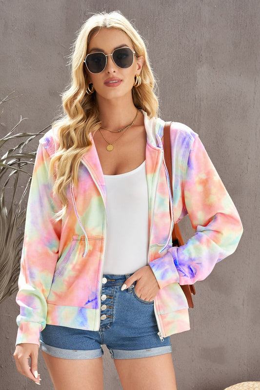 Tie-Dye Drawstring Detail Zip Up Hooded Jacket  Coats & Jackets- Doll Fits