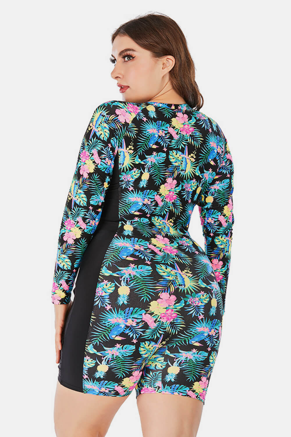 Plus Size Floral Long Sleeve One-Piece Swimsuit  Swimwear- Doll Fits