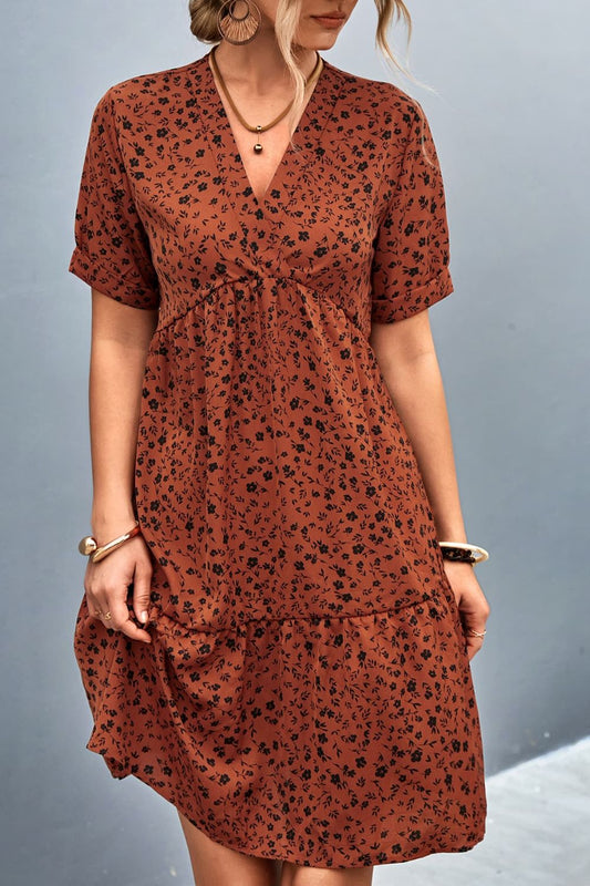 Ditsy Floral Empire Waist Plunge Short Sleeve Dress  Dresses- Doll Fits