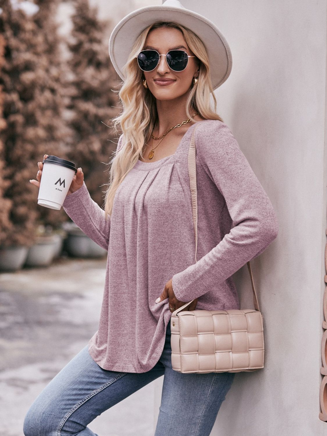 Pleated Detail Curved Hem Long Sleeve Top  Shirts & Tops- Doll Fits