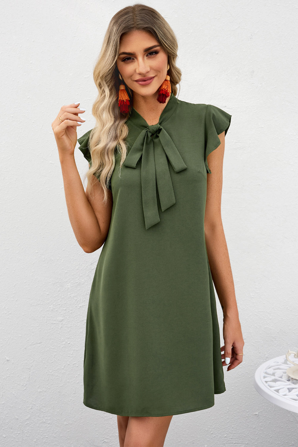 Tie Neck Flutter Sleeve Shift Dress  Dresses- Doll Fits